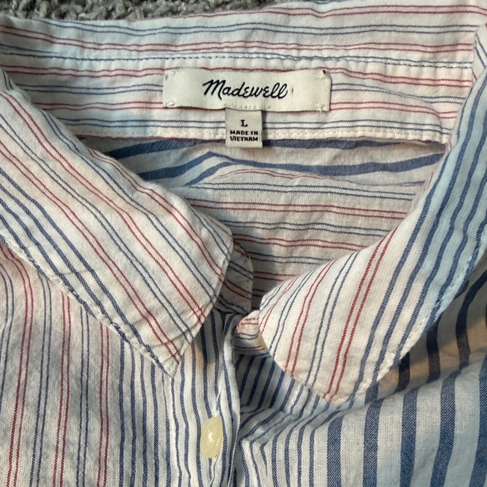 MADEWELL Short-Sleeve Tie-Front Striped Shirt size Large Blue and White - Picture 6 of 9
